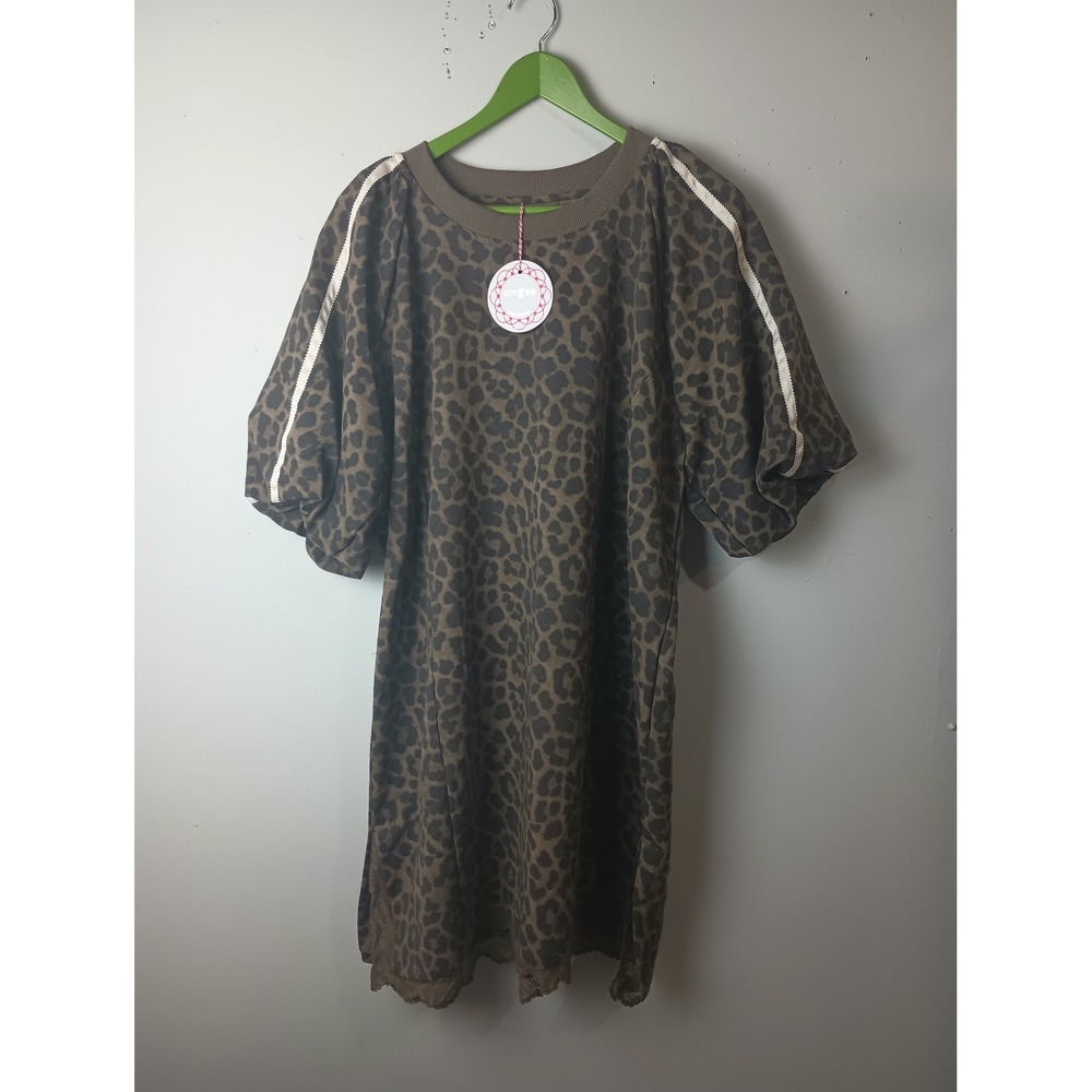 Umgee Leopard Print Puff Sleeve Lace Trim Mini Dress Brown C5240 Large NEW
